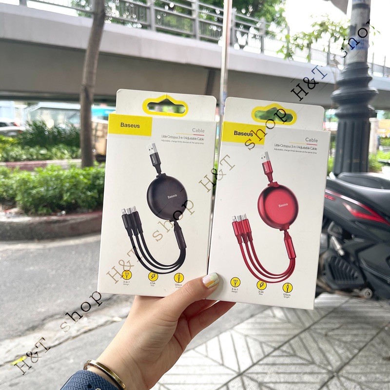 Cáp sạc dây rút Baseus Little Octopus LV391 tích hợp 3 đầu Type C/Micro USB/3.5A 1.2M