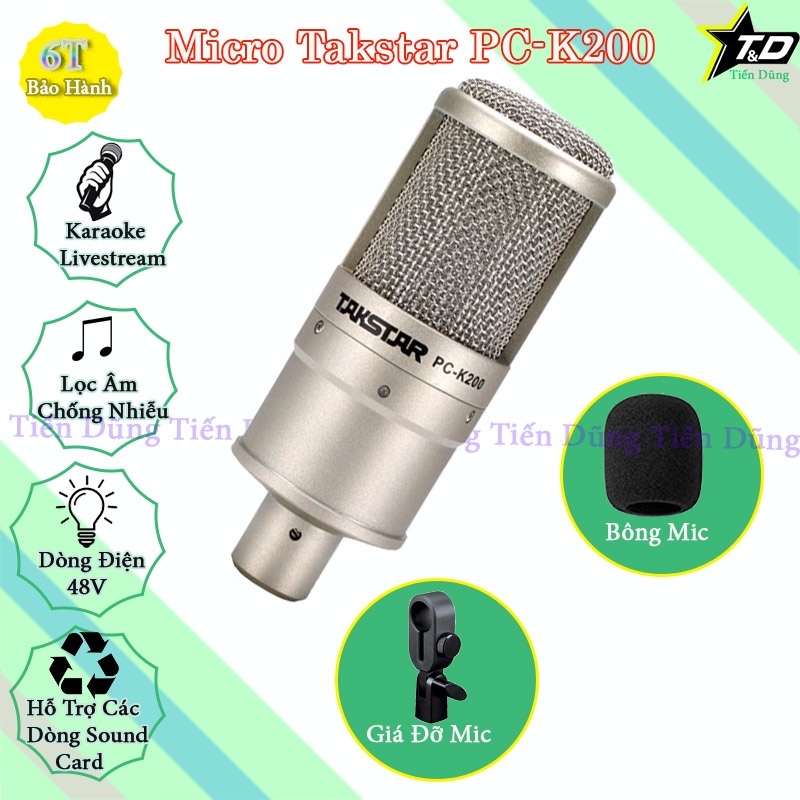 Combo Mic thu âm Takstar K200 Soundcard K10 2020 đã bao gồm dây live stream chân nguồn 48v 2 dây canon