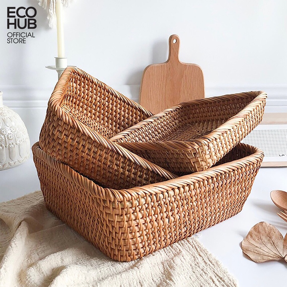 Giỏ mây ECOHUB hình chữ nhật đáy vát đựng hoa quả, bánh kẹo (Rectangular Rattan Basket With Beveled Bottom)