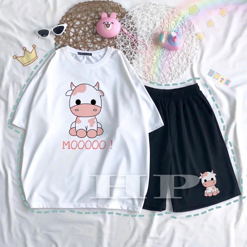 Sét áo bò hồng MOOO + quần đùi 5D TH6