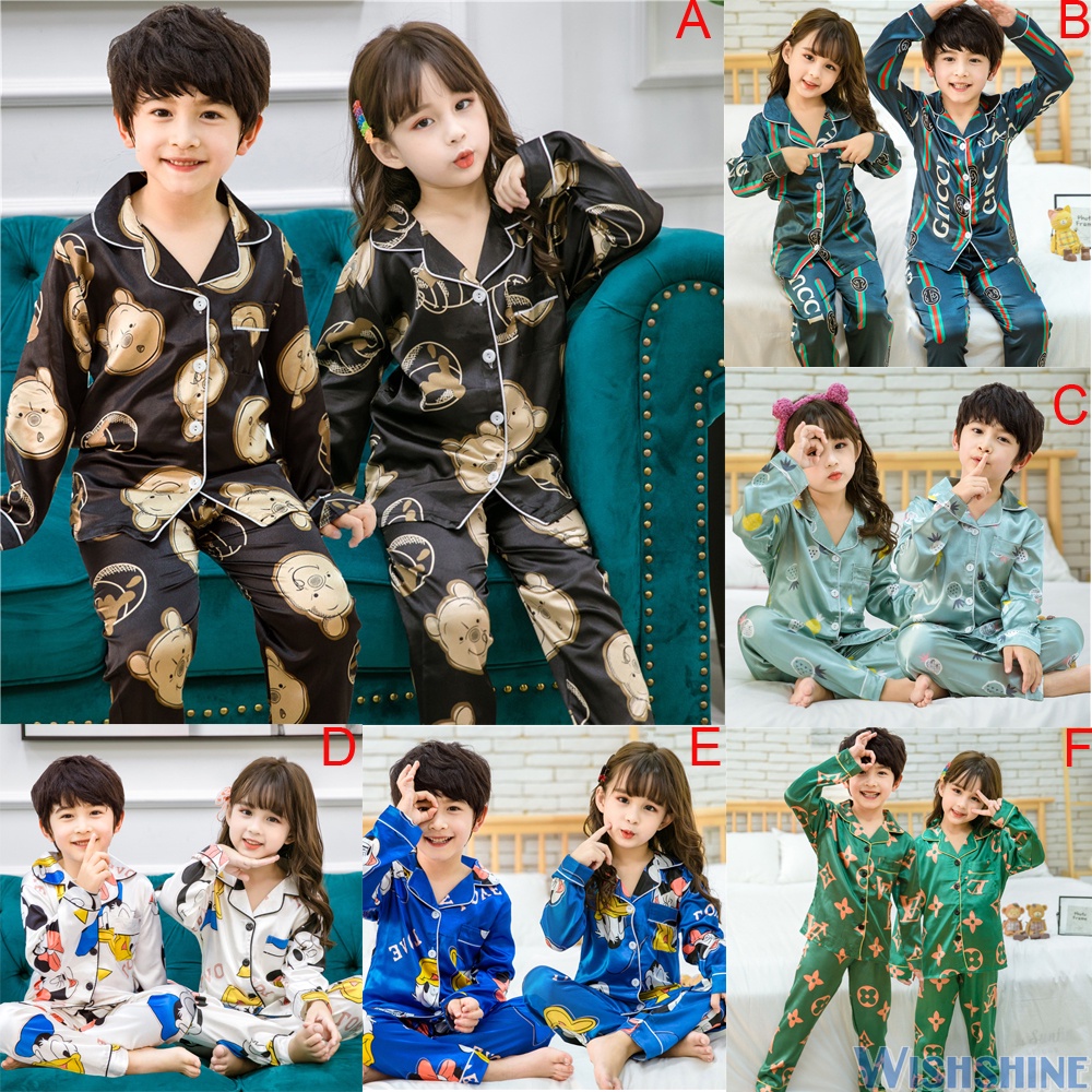 Bộ Đồ Ngủ Tay Dài Bằng Lụa In Hình Chuột Mickey Thời Trang Hàn Quốc Dành Cho Trẻ Em