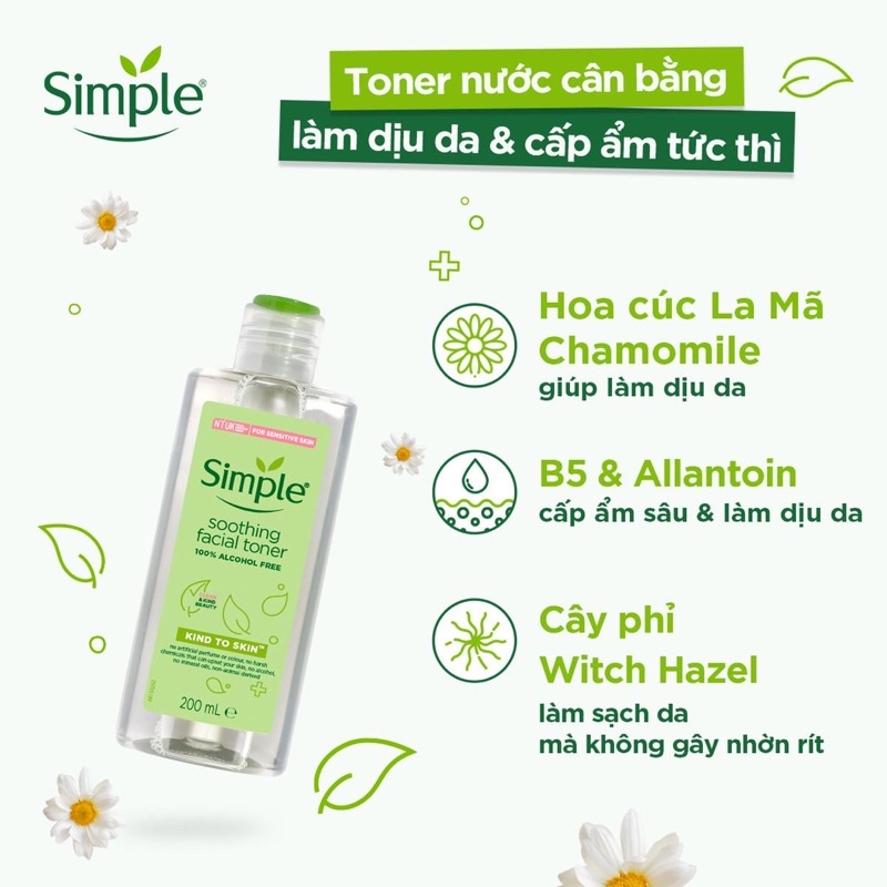 Nước Hoa Hồng Soothing Facial Toner Simple cân bằng ẩm cho da 200ml