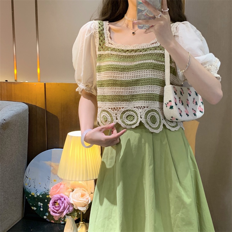 Áo sơ mi ZHELIHANGFEI ren lỗ cổ vuông ngắn tay thời trang sành điệu cho nữ