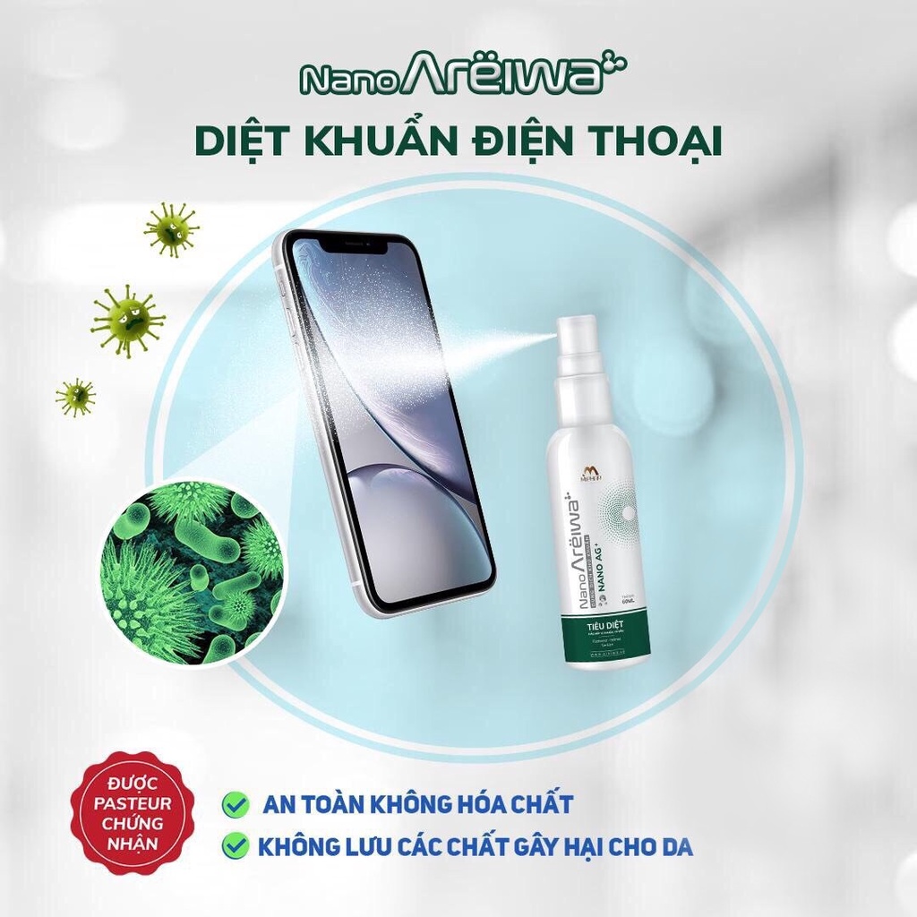 Chai Xịt khuẩn Điện thoại Nano Bạc diệt khuẩn, khử mùi hôi, vệ sinh, an toàn không độc hại 60ml