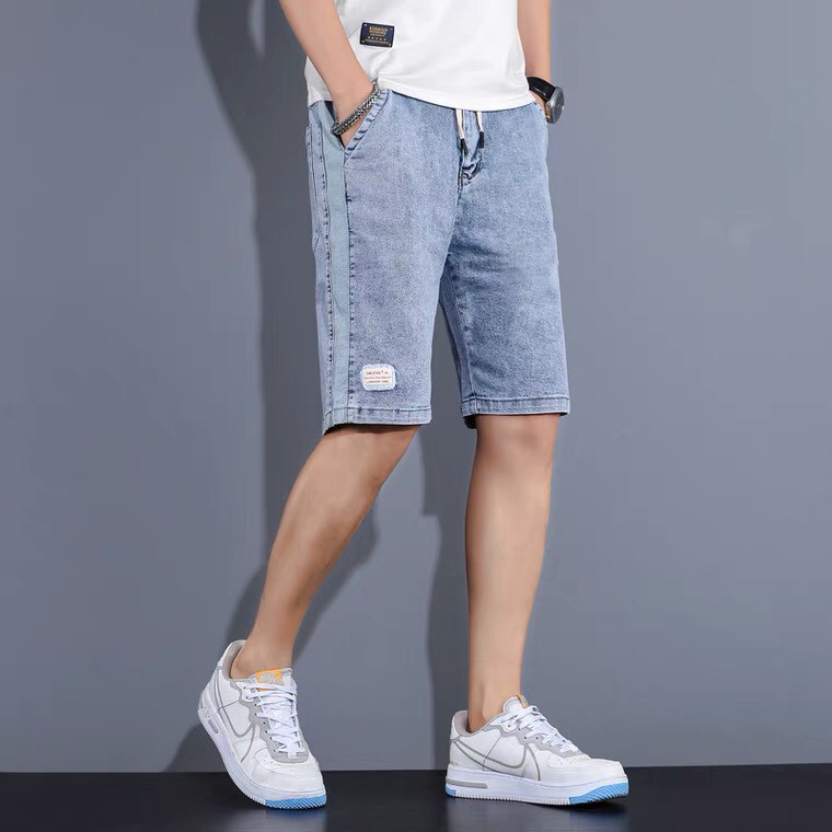 Quần short jean nam xước phong cách Hàn Quốc, Quần bò lửng nam cạp chun kèm dây rút