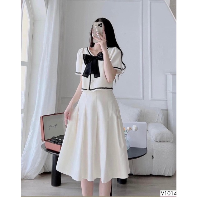 Set bộ áo nơ cúc bọc chân váy xếp ly tiểu thư đi tiệc đi chơi