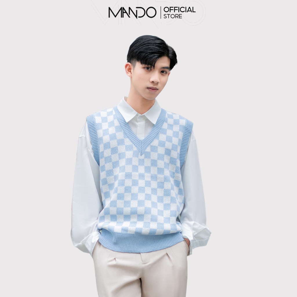 Áo Gile Len Họa Tiết Caro Nam MANDO 2 Màu Đen Xanh Form Rộng Basic Unisex Trẻ Trung Thời Trang Hàn Quốc ALN58