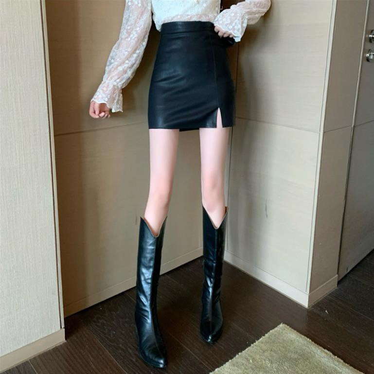 Hot ﹍☌Váy nửa dài của phụ nữ mùa thu và đông da mỏng lưng cao tính khí gói hông ngắn xẻ tà kết hợp hoàn toàn mới ! ་
