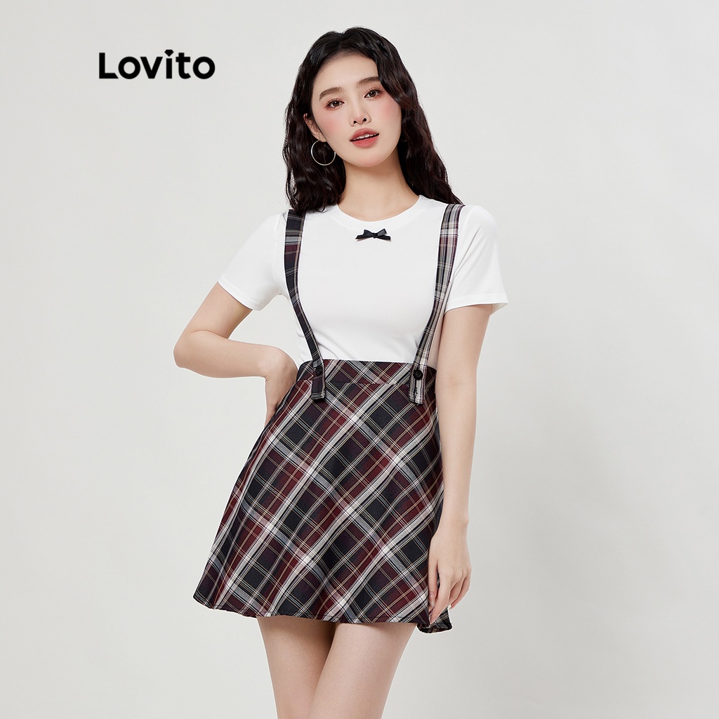 Bộ váy nữ Lovito Preppy Kẻ sọc Dây kéo phía trước nơ Pencli Một dòng L33ED067 (Đen trắng)