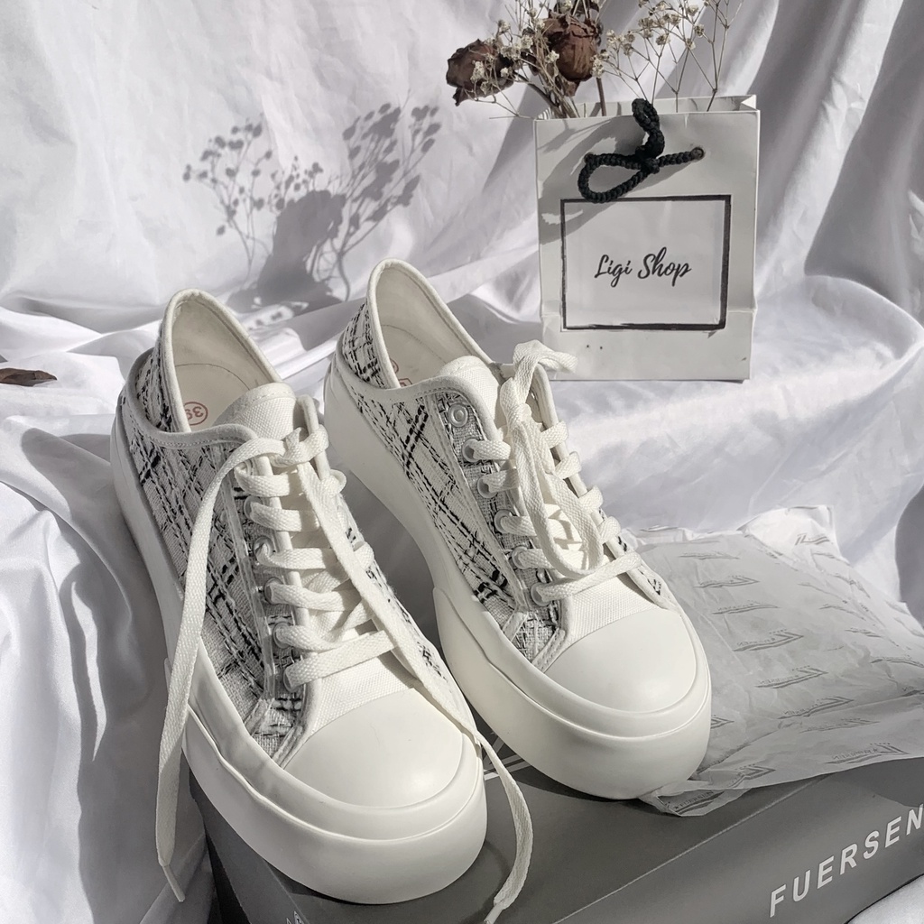 Giày thể thao nữ giẫm gót đế bánh mì, giày sneaker hoạ tiết kẻ cá tính đi được hai kiểu