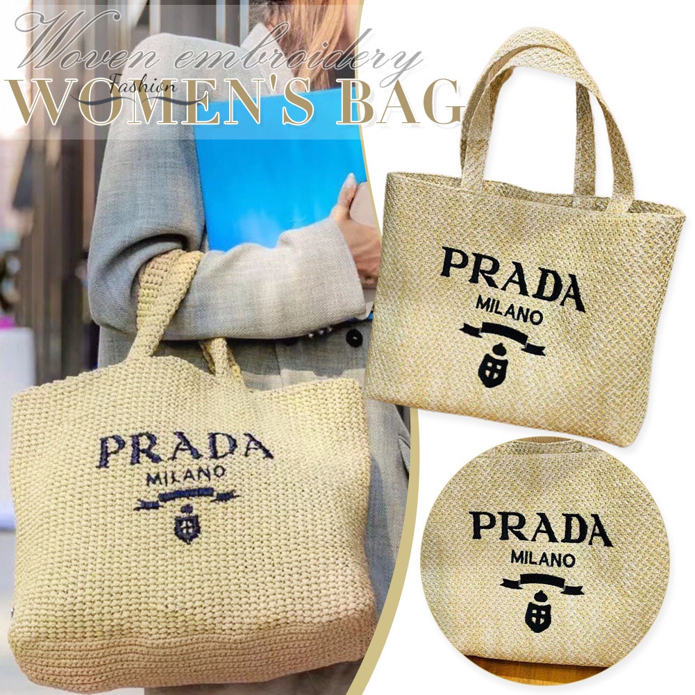 Túi Xách Prada Đan Sợi Mây Thủ Công In Chữ Phong Cách Boho Cổ Điển Thời Trang Mùa Hè Cho Nữ