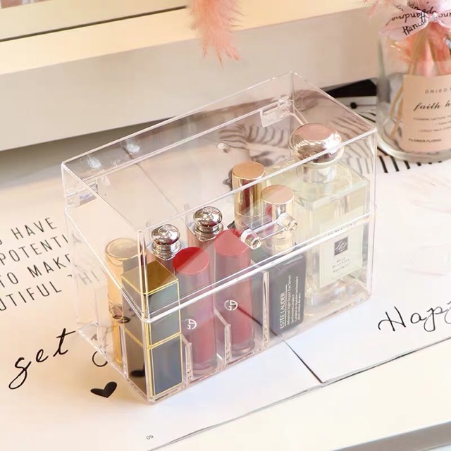[Sẵn] Hộp Đựng Son 12 Ô (9 ô nhỏ 3 ô to) Nhựa Mica Trong Suốt Có Nắp Đậy Chống Bụi Và Nước