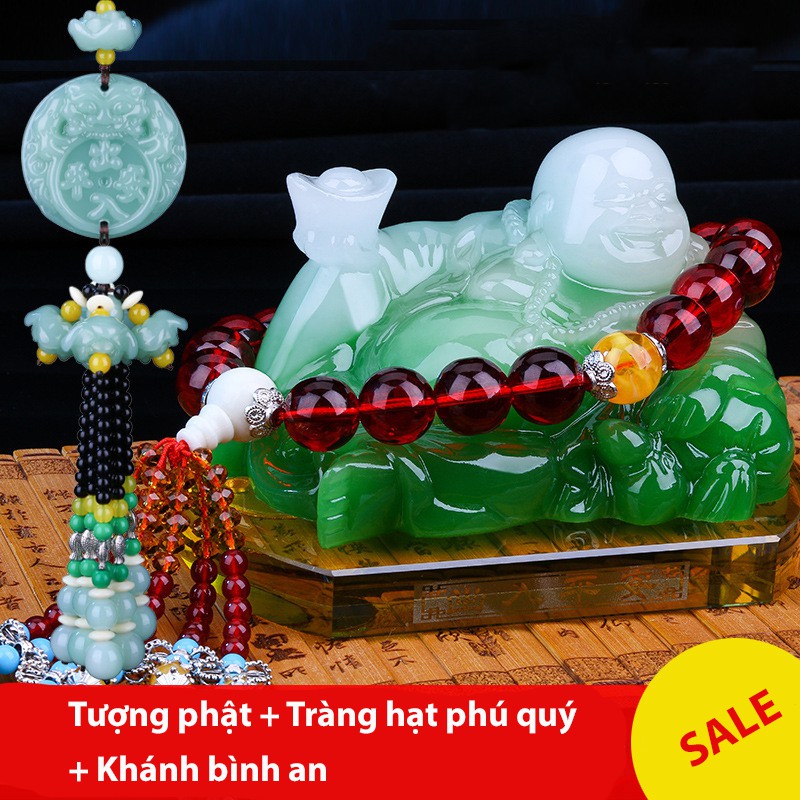 Tượng phật di lặc trang trí taplo ô tô kèm tràng hạt và khánh bình an treo xe, set tượng phật để ô tô tài lộc và bình an