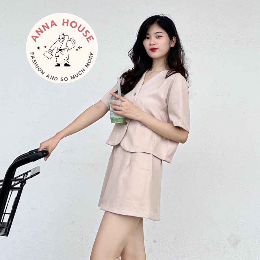 Set đồ nữ áo croptop cổ tim kèm chân váy ngắn chữ A, set áo sơ mi ngắn dáng croptop cổ V vest tay ngắn phối chân váy