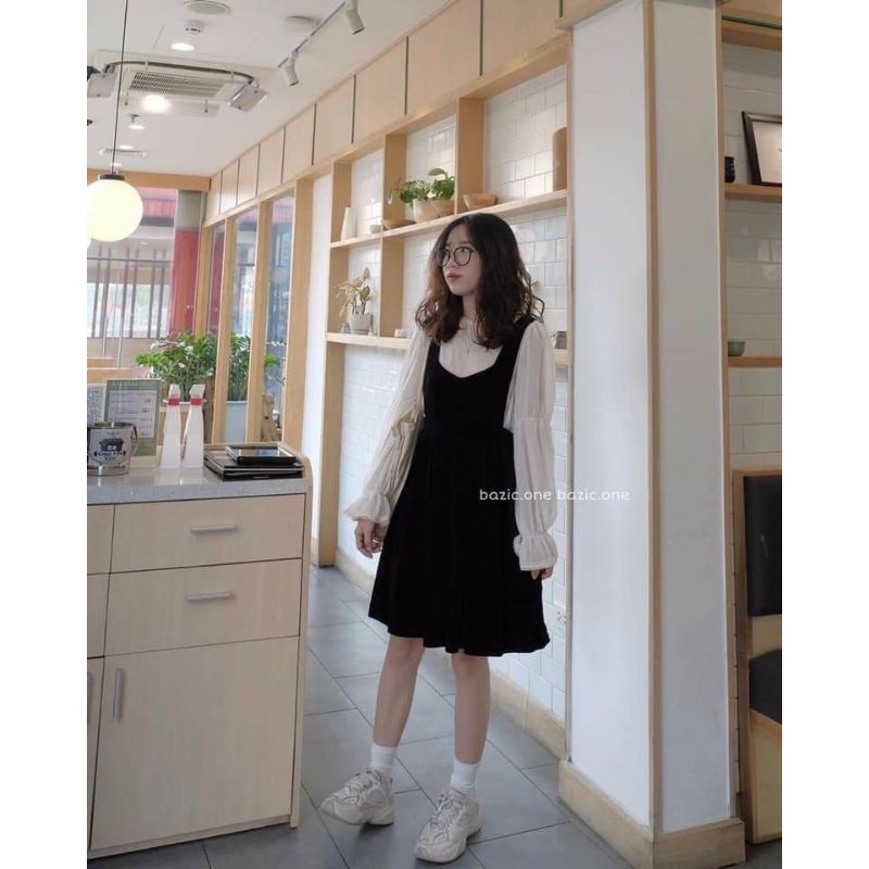 Set yếm bbd+áo trắng tay bo/Set yếm babydoll