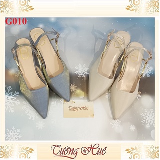Giày cao gót mũi nhọn phối dây quai gài gót tròn cao 5cm - hàng quảng châu