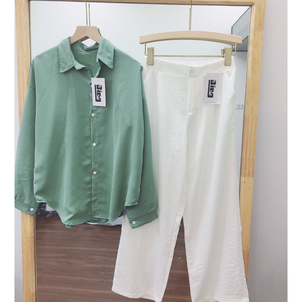 Set áo sơ mi dài - quần suông ống rộng trắng Bingshop vải đũi cao cấp hàng có size freeship