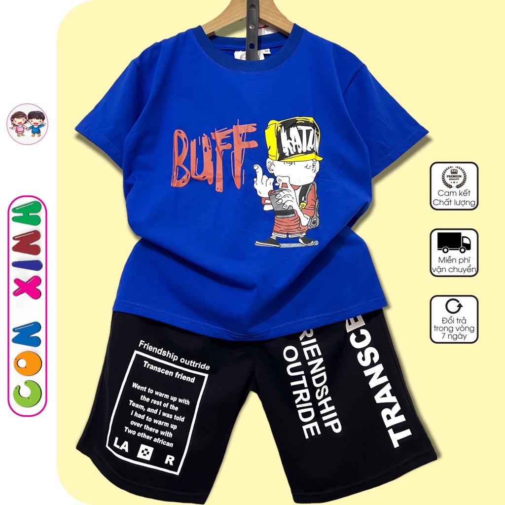Bộ đồ bé trai Con Xinh cotton hình in Chú bé đội nón BUFF, thời trang mùa hè dành cho trẻ em từ 14 đến 45kg