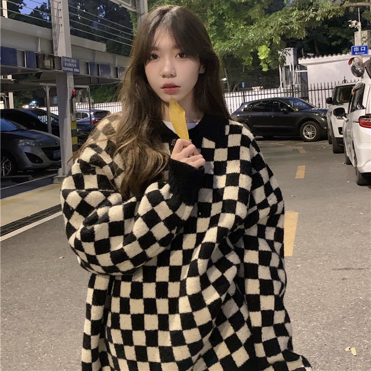 Áo sweater dệt kim dáng rộng họa tiết kẻ sọc phong cách Hàn Quốc mới cho nữ