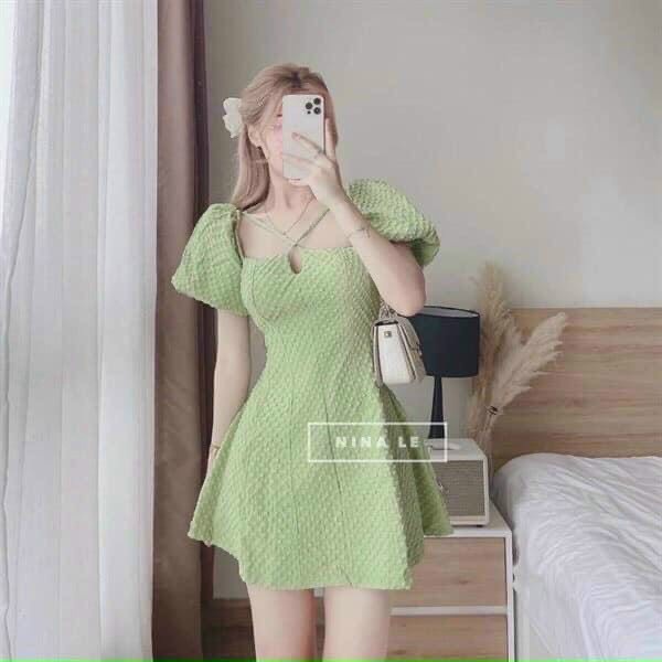 Đầm cổ vuông tay bồng,váy xòe bản thiết kế chất liệu gấm ô nổi may full 2 lớp tiểu thư dự tiệc dạo phố XM Minh Phúc