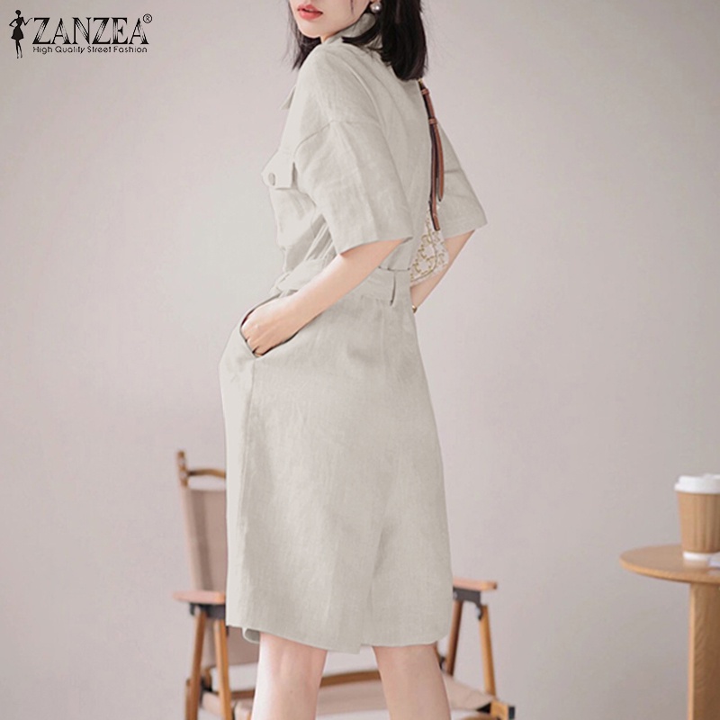 Áo liền quần ZANZEA tay lửng cổ bẻ có thắt lưng màu trơn thời trang dành cho nữ