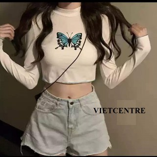 Áo Thun Croptop Body In Bướm Dài Tay Viền Bèo Dáng Ôm Ulzzang Hot - VIETCENTRE