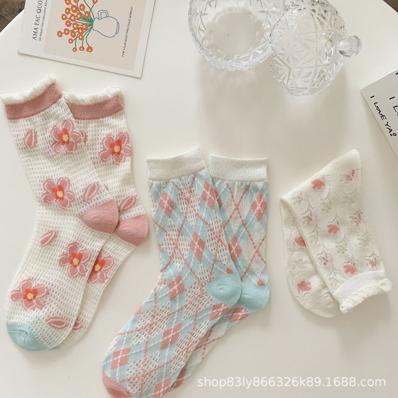 Vớ Lưới Cổ Vừa Thoáng Khí Họa Tiết Hoa Tulip Dễ Thương Phong Cách Nhật Bản Thời Trang Mùa Hè Cho Nữ