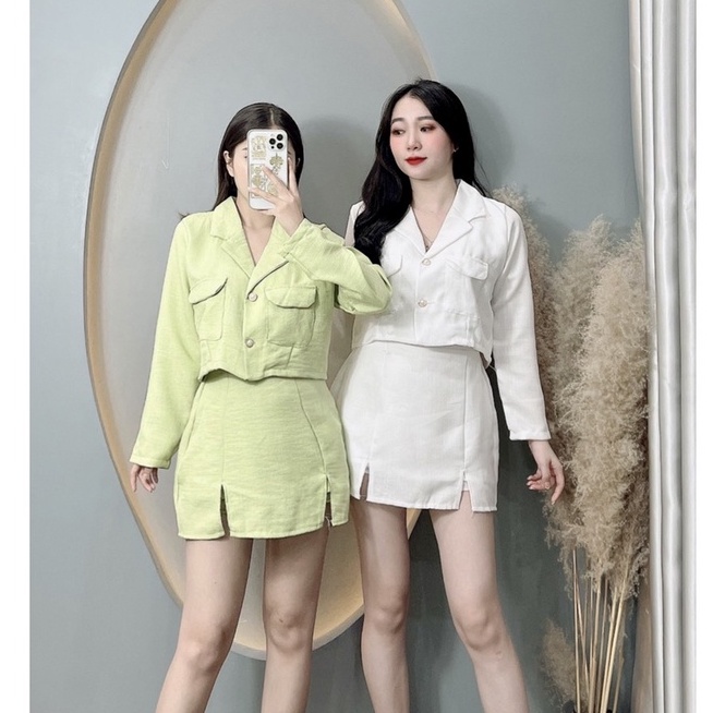 Set váy nữ áo cổ vest dáng croptop mix váy lót quần chất linen xịn thời trangI Trần hân Shop 4012422