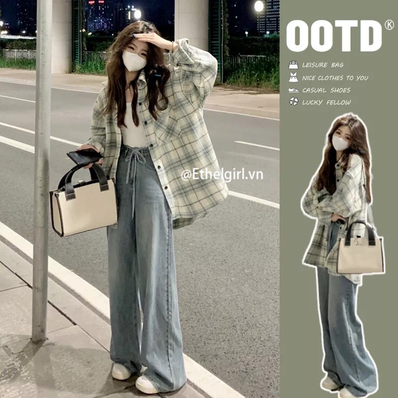 Ethelgirl Áo Sơ Mi Dài Tay Họa Tiết Ca Rô Phong Cách Retro Dành Cho Nữ