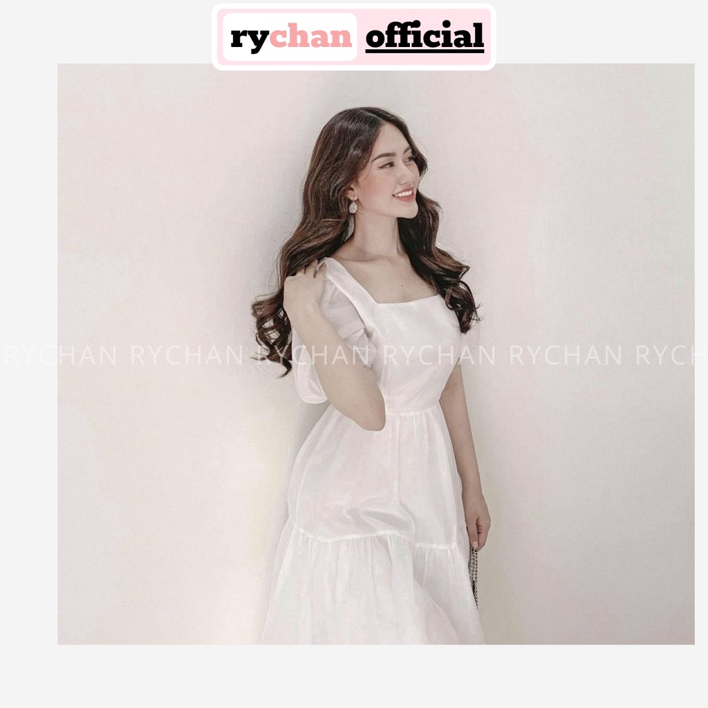 Đầm Xòe Midi Trắng Cổ Vuông Tay Phồng 2 Tầng Lót Trong Dày Dặn  - DX0027
