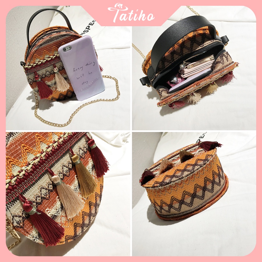 [HÀNG XỊN, GIÁ TỐT] Túi BoHo ( Túi Thổ Cẩm) Đeo Chéo Hình Tròn Phối Tua Rua Thời Trang - Mã TUI51