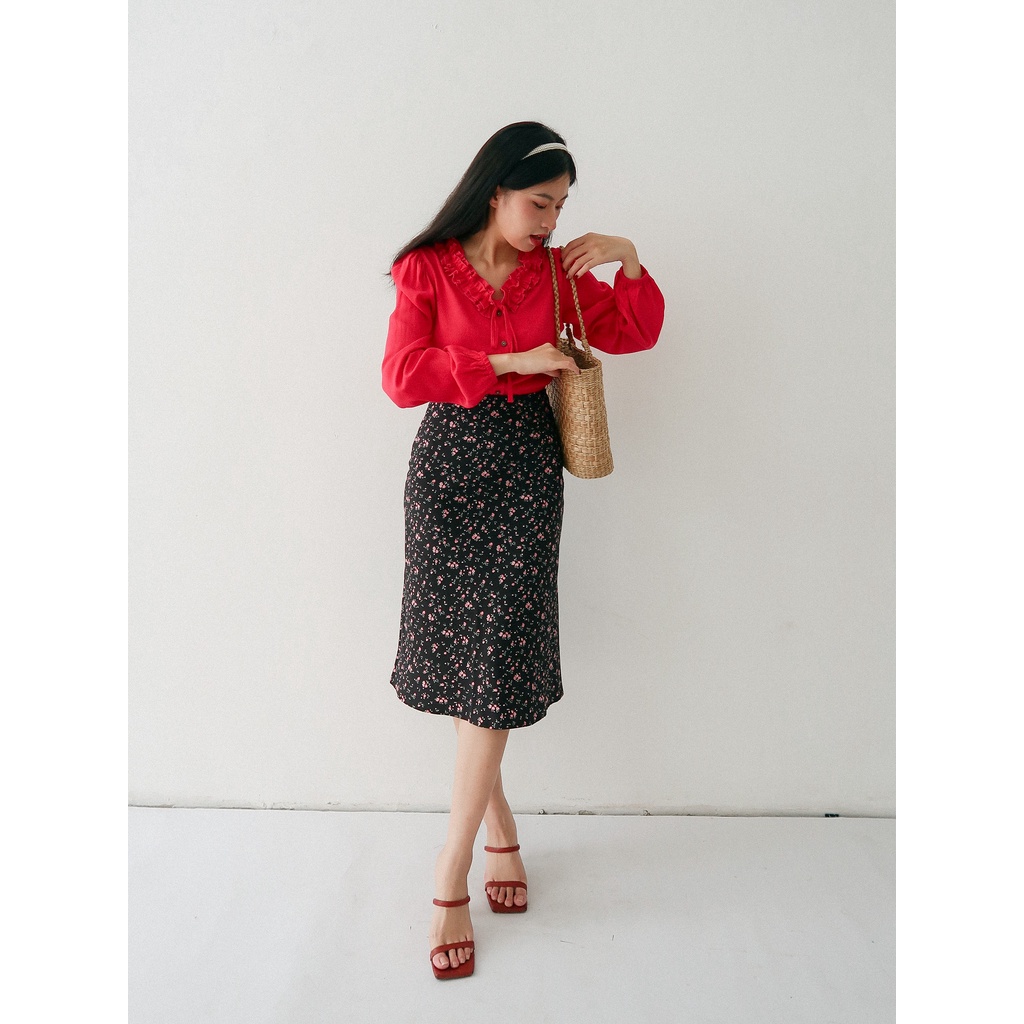 ARIUSTEES - Chân váy lưng cao hoa nhí màu đen Rosie Skirt