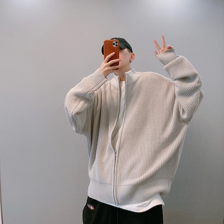 Áo khoác dệt kim dáng rộng phối khóa kéo thời trang thu đông cho nam và nữ