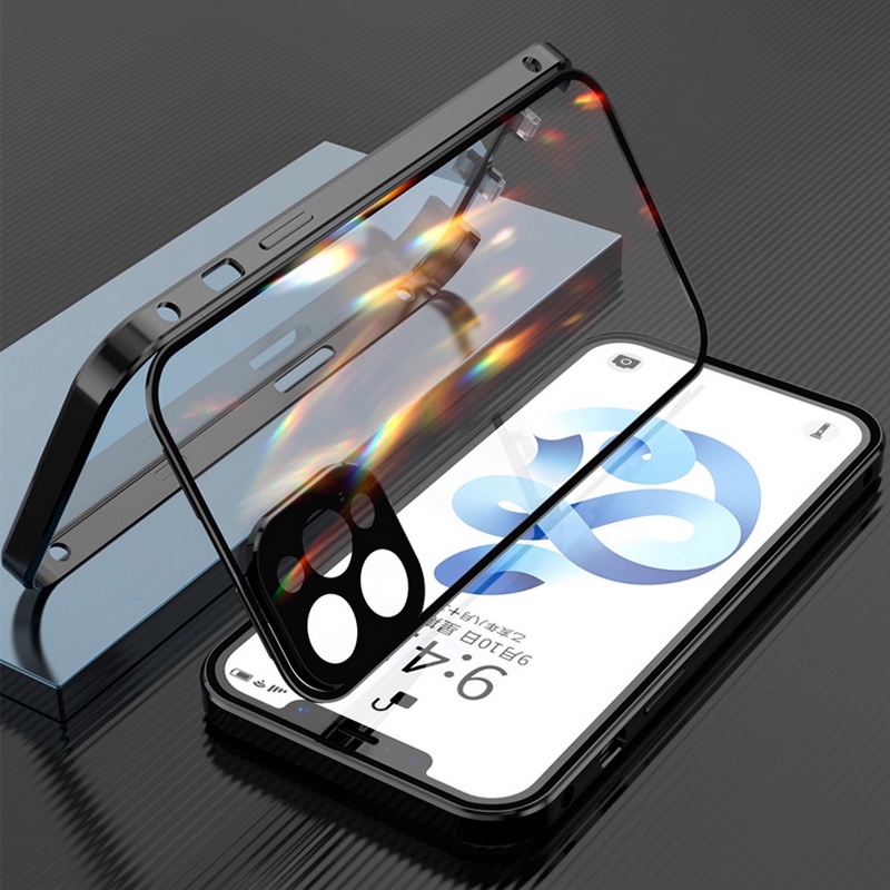 Ốp điện thoại mặt kính cường lực phối kim loại 360 độ thích hợp cho Iphone 12 Pro Max 11 Xs Xr 8 7 Plus + Se 2020
