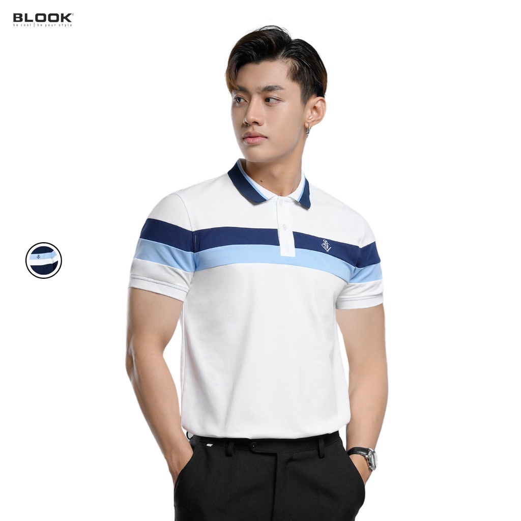 Áo polo nam BLOOK cổ bẻ vải thun cá sấu cotton phối sọc phá cách thêu BS, xuất xịn, trẻ trung, thanh lịch mã 35521