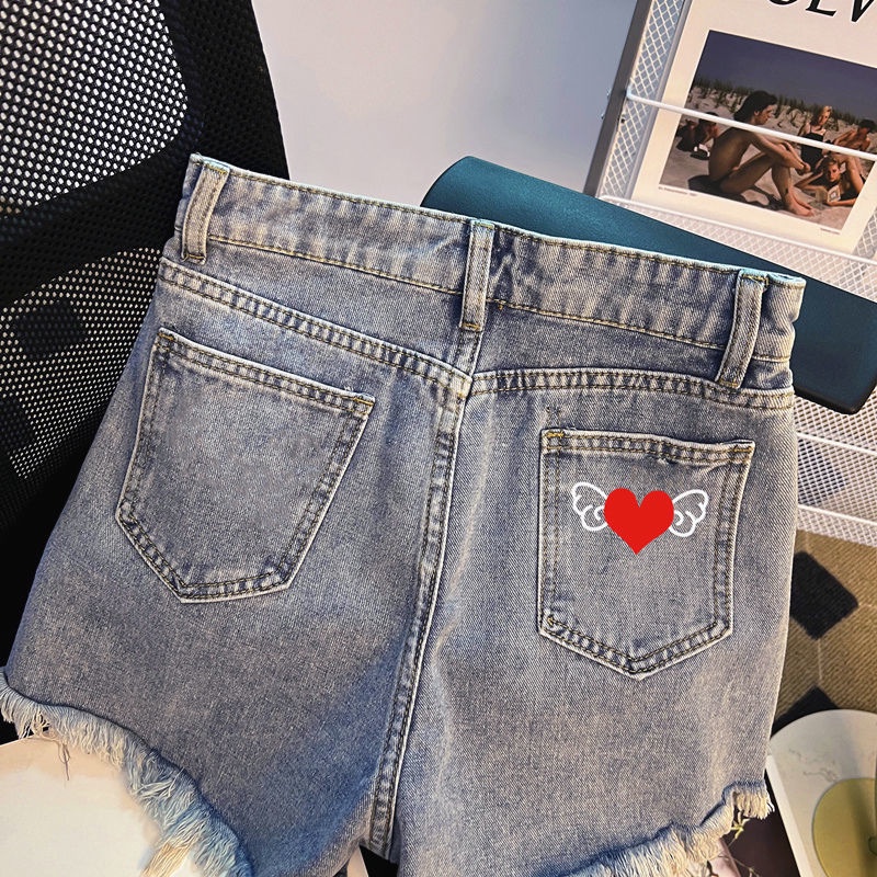 Quần Short denim Lưng Cao Ống Rộng In Họa Tiết Trái Tim Thời Trang Mùa Hè Hàng Mới Dành Cho Nữ