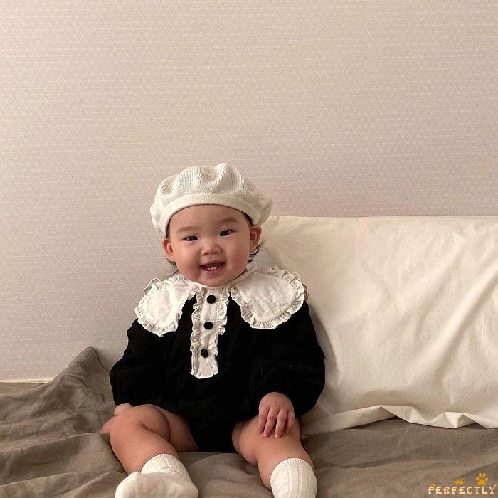 Áo liền quần dài tay viền ren nhún bèo màu đen / khaki cho bé gái 0-24 tháng tuổi