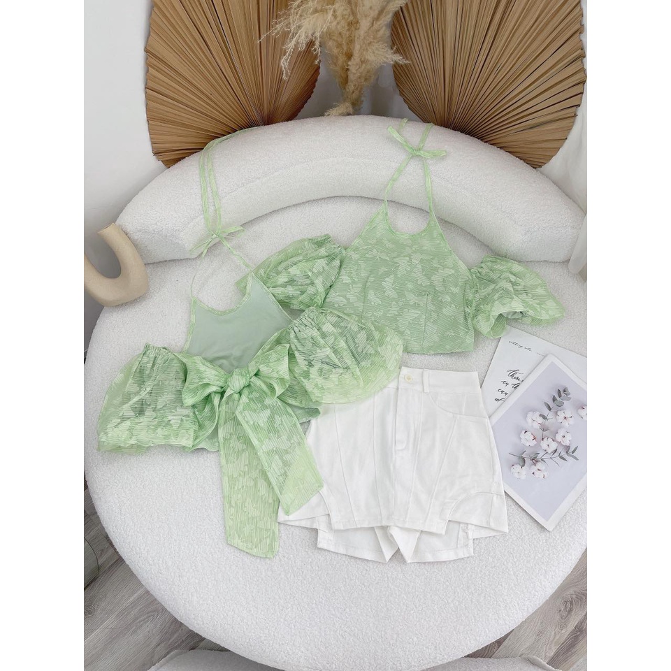 SET ÁO CỔ YẾM XANH LÁ + CHÂN VÁY VIỀN NỔI TRẮNG
