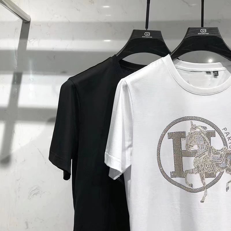 Áo Thun Cotton Ôm Dáng Ngắn Tay Đính Đá Thời Trang Châu Âu Mùa Hè Phong Cách Mới Cho Nam