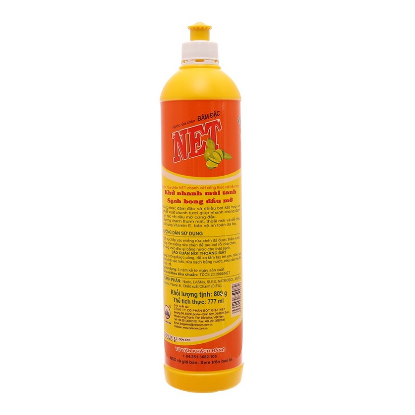 Nước rửa chén NET đậm đặc chiết xuất chanh tươi chai 800ml