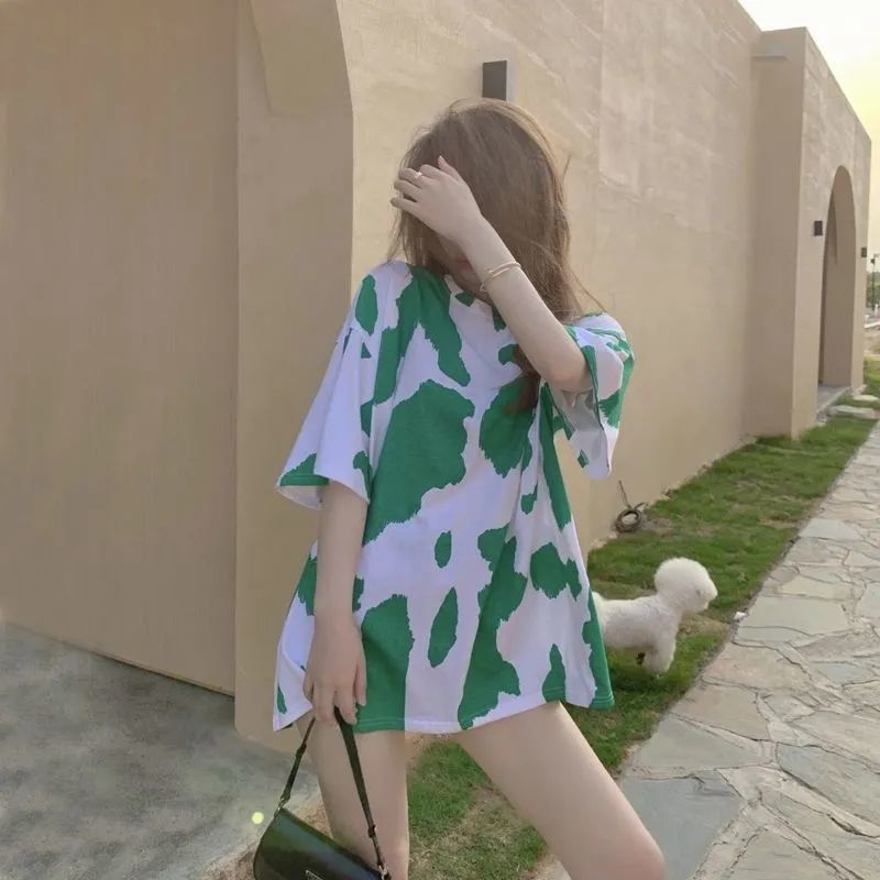 Áo Thun Ngắn Tay In Họa Tiết Bò Sữa Xinh Xắn Thời Trang Cho Nữ