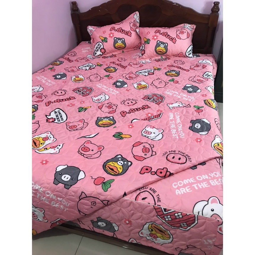 [Sale to] Bộ 3 Món Ga Xẻ Góc Trần Bông Dày Dặn (Drap Chùm Kèm 2 Vỏ Gối Đầu, Ga Phủ Xuống Giường Như Ảnh) - Poly cotton