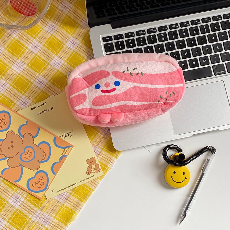 South Korea ins bacon plush pencil case fun large-capacity pork belly stationery bag cute cartoon student cosmetic bag