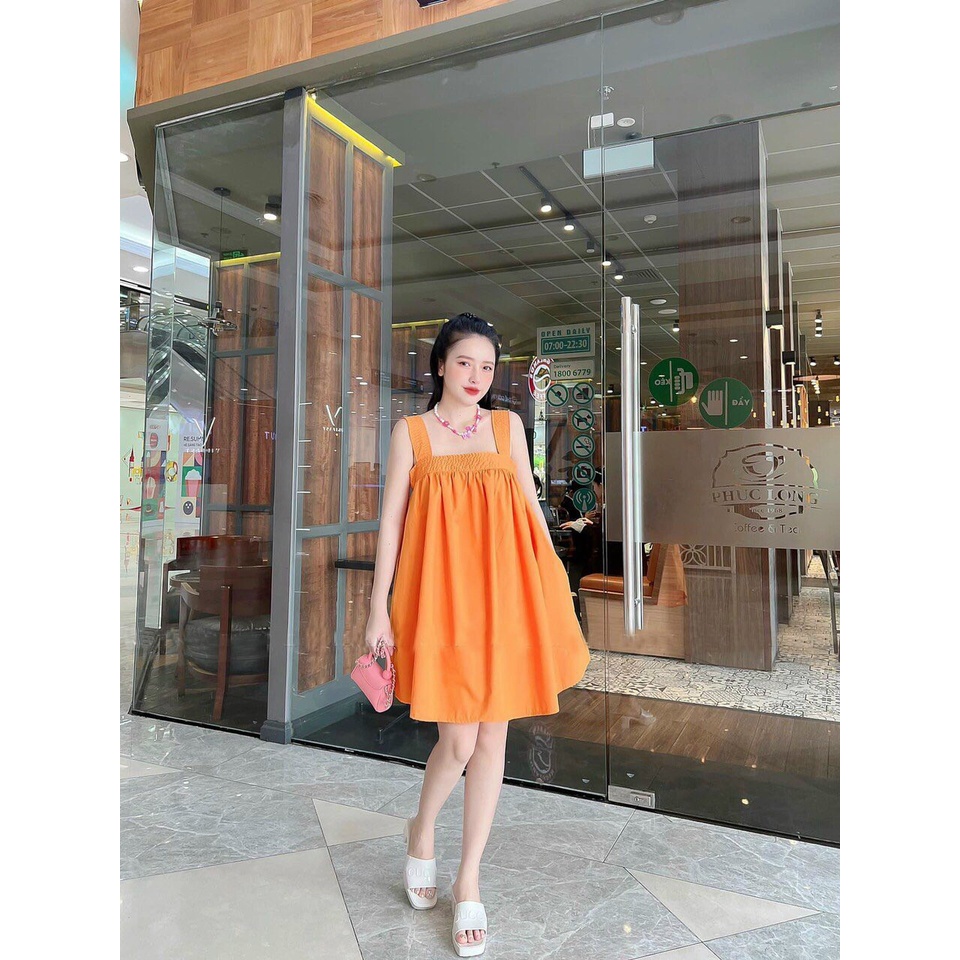 [8.8 Sales Freeship] Đầm babydoll 2 dây bản to dáng xòe, đầm lụa chéo hở lưng cổ vuông đi biển, sống ảo siêu xinh