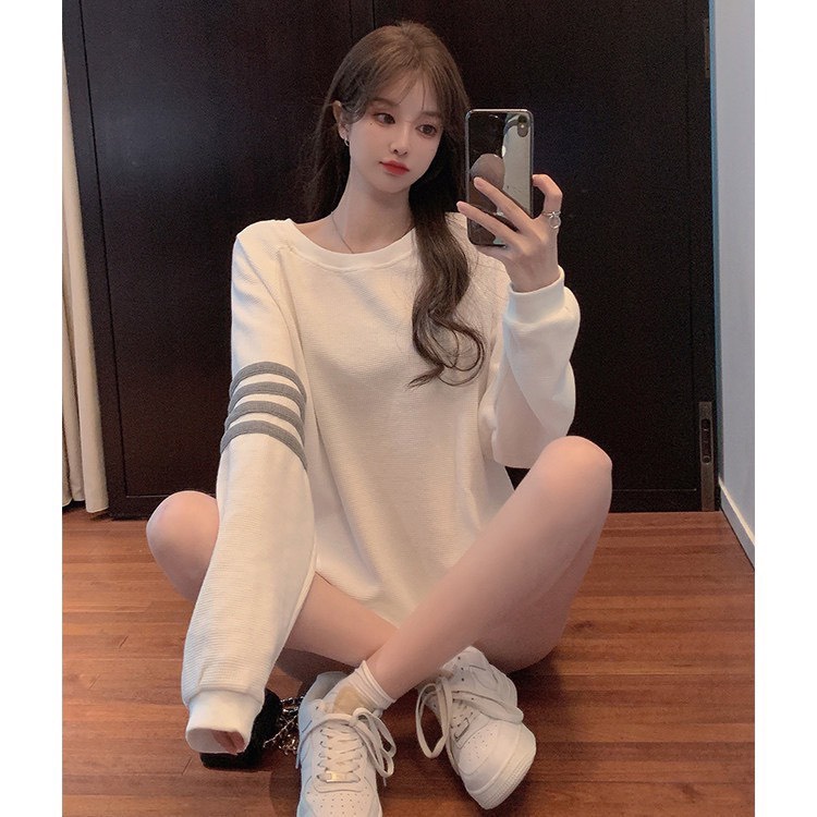 Áo thun dài tay Thom 4 sọc tay raglan BIGOMALL - Áo thun nữ form thụng cánh rơi siêu hot