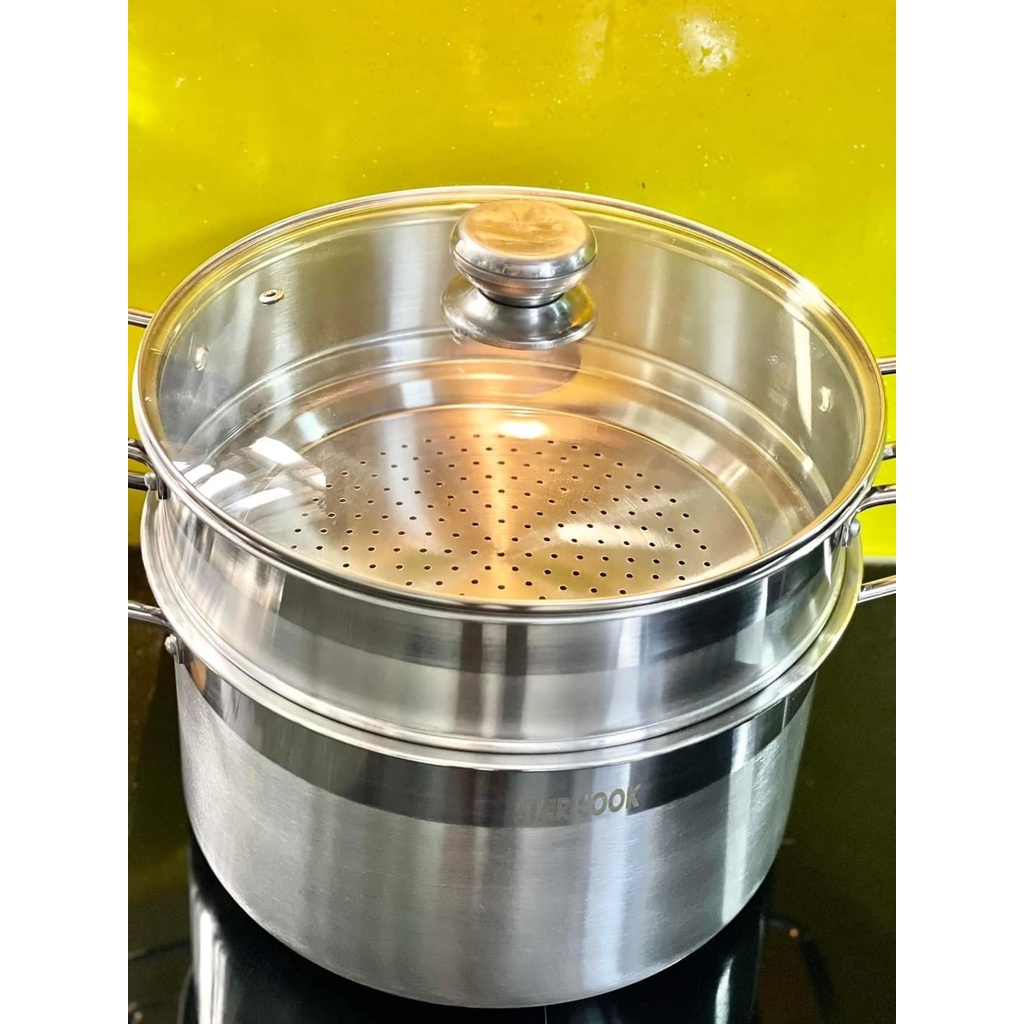 BỘ NỒI XỬNG HẤP INOX  28CM 2 TẦNG VUNG KÍNH DÀY ĐẸP TIỆN LỢI