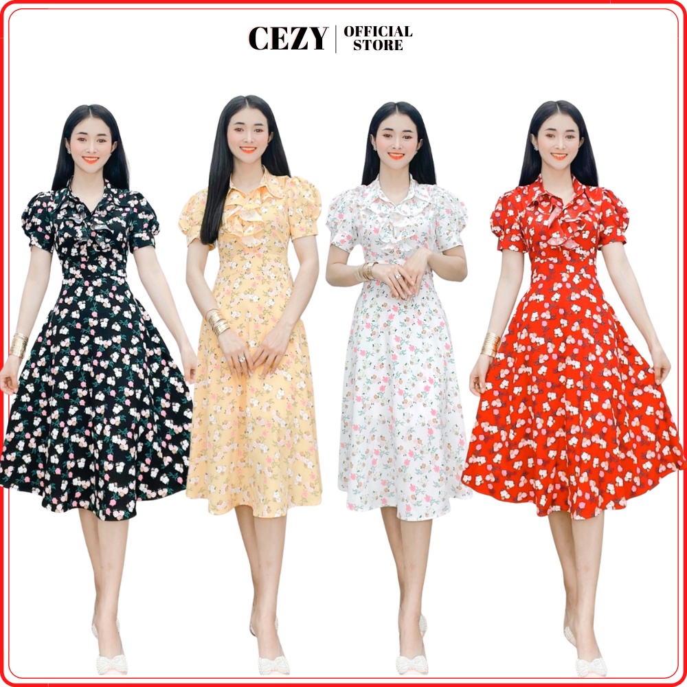 Đầm hoa nhí cổ sơ mi phối bèo tay phồng có size bigsize CEZY D67