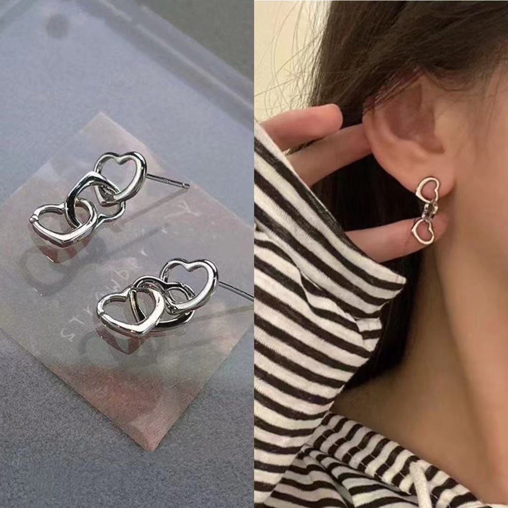 Khuyên Tai Bạc Mặt Hình Trái Tim Lồng Vào Nhau Đơn Giản Thời Trang