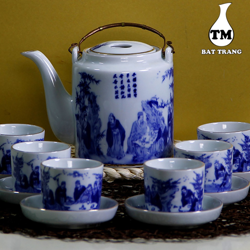 Bộ Ấm Tích Pha Trà Hãm Chè Xanh( Ấm Chén) Men Trắng Viền Vàng Kim Dáng Lục Giác Vẽ Bát Tiên Gốm Sứ Bát Tràng
