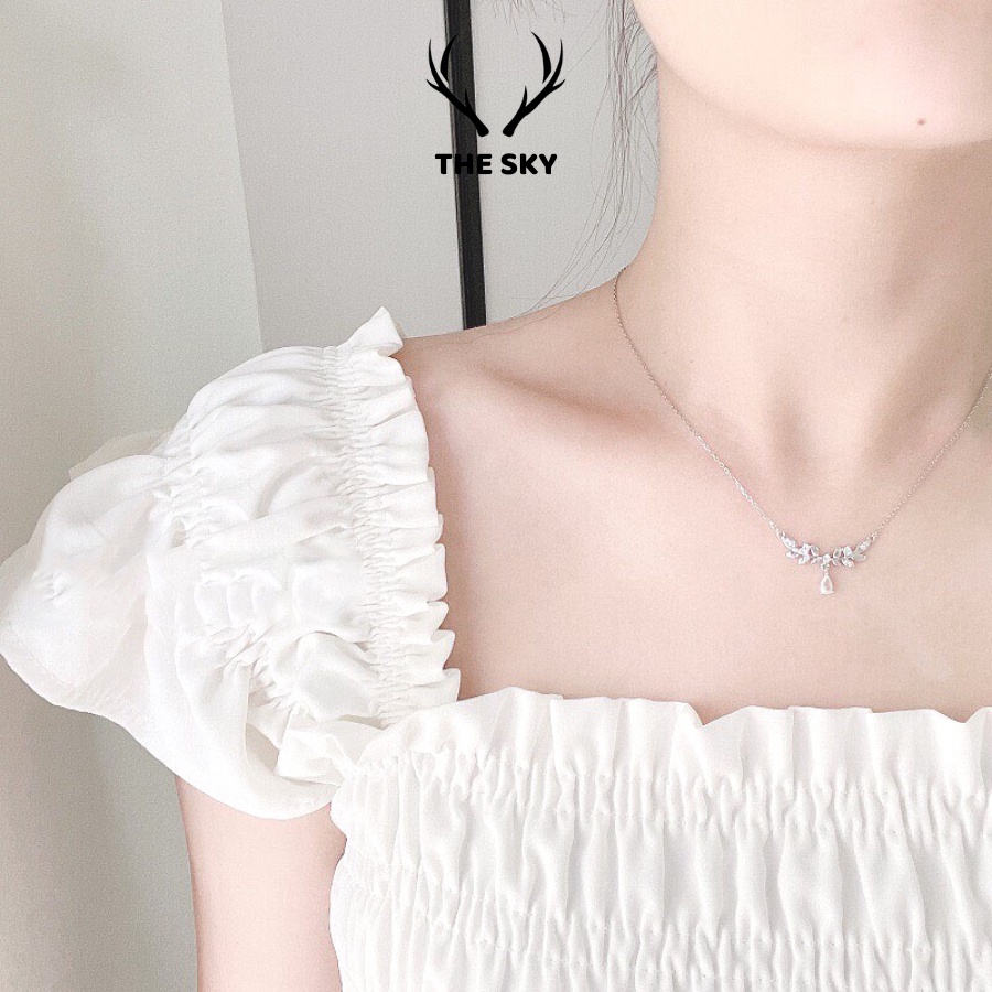 Dây chuyền bạc DC1017 sợi mảnh kèm mặt hình Cành Lá Giọt Lệ đính đá, vòng cổ nữ hàng thiết kế xinh xắn trẻ trung